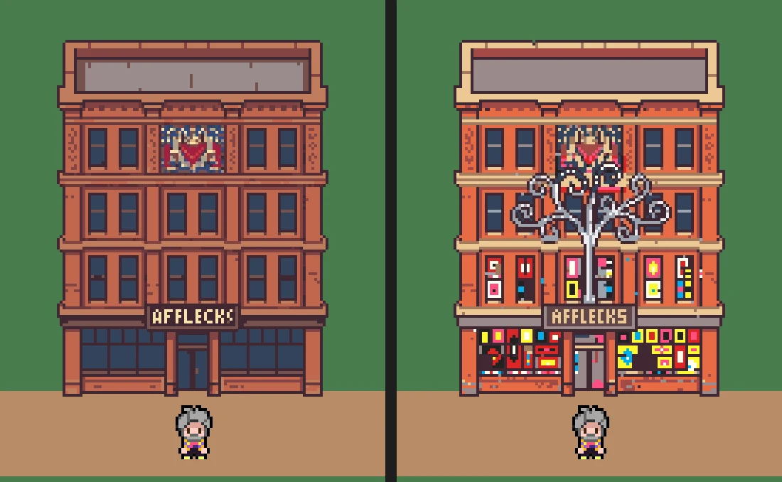 Afflecks in pixel art, before and after clean-up: the second has a crisper outline, fewer colours and the shop's tree mural