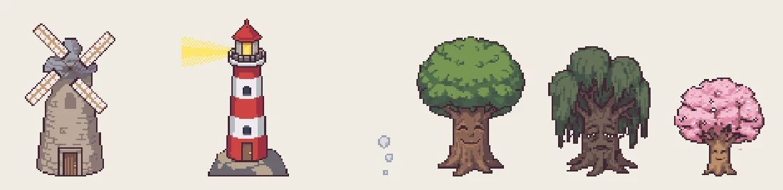 Animated pixel art: a windmill turning, chimney smoke and swaying trees