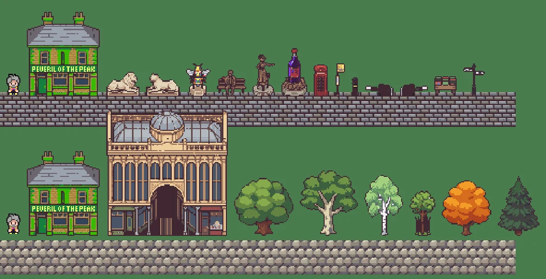 Pixel-art street decorations: lion statues, a phone box, bollards, trees and the Peveril of the Peak on cobbles