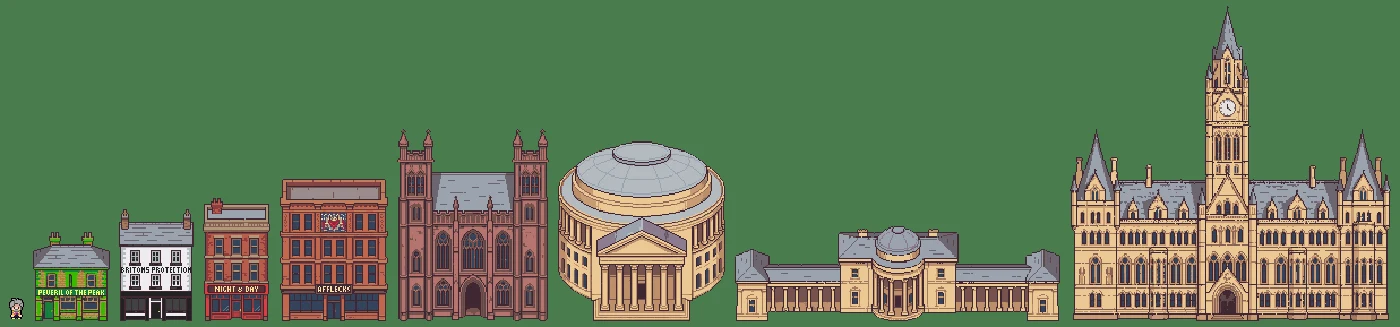 A line-up of Manchester landmarks in pixel art, from the Peveril of the Peak to the Town Hall, with Paul's small character for scale