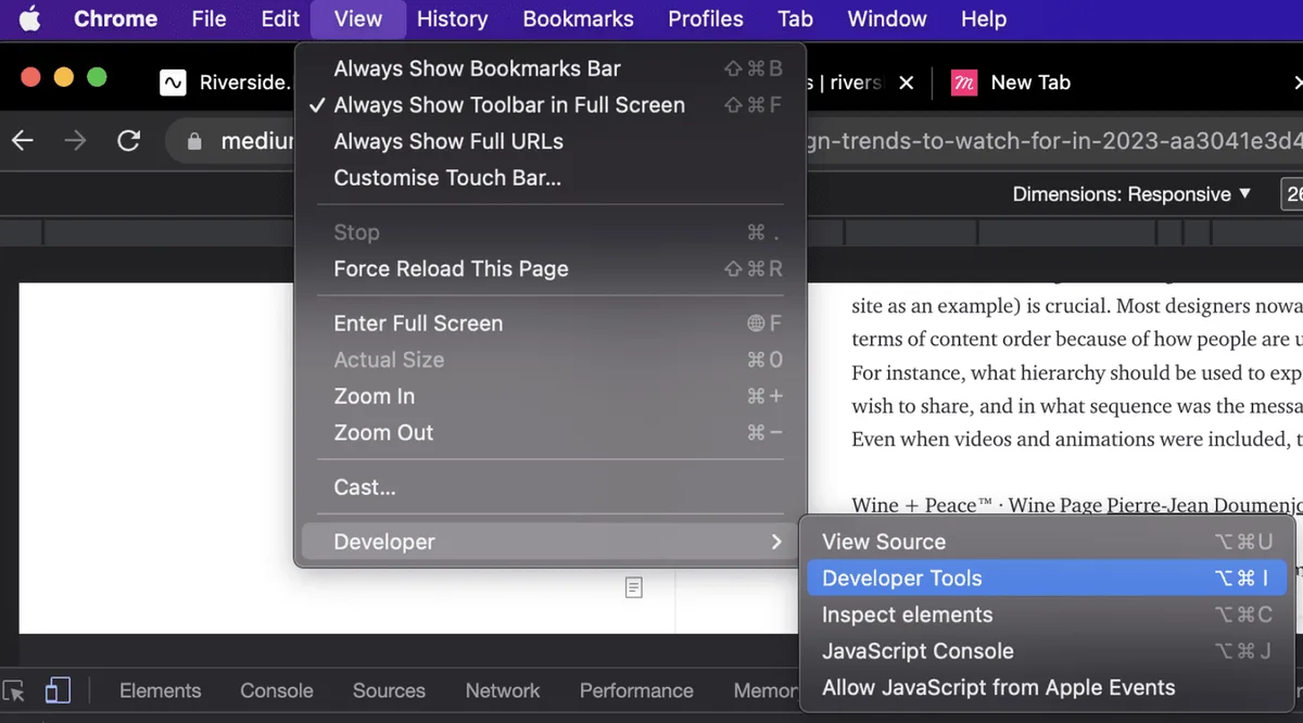 Chrome's View menu open at Developer, then Developer Tools.