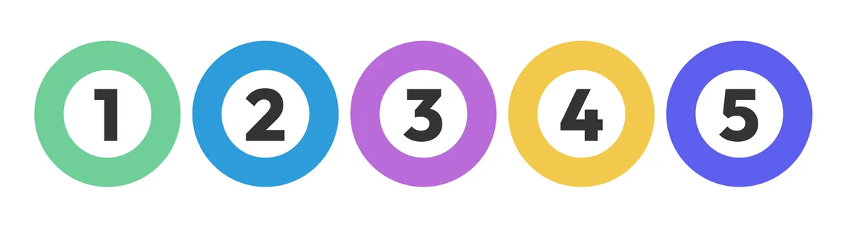 Five numbered colour swatches as seen with typical colour vision.