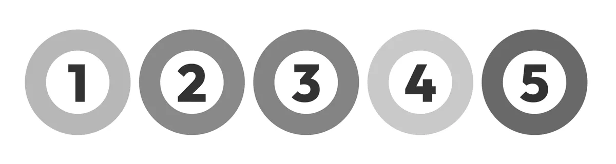 The same five swatches as seen with achromatopsia: all shades of grey.