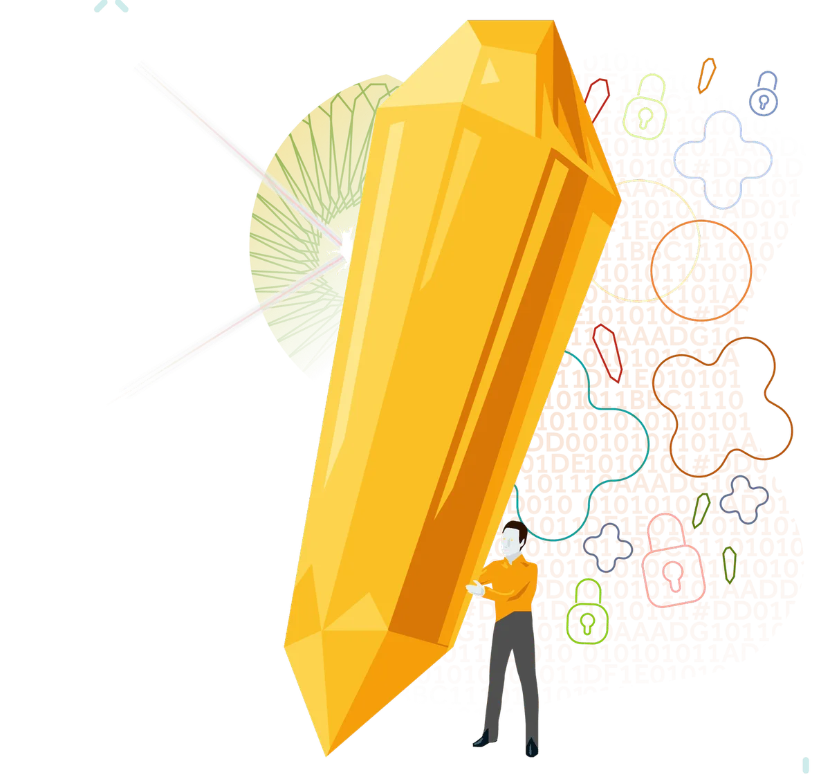 Commander Data, from Star Trek, holding a giant gem reflecting a laser beam with padlock icons in the background
