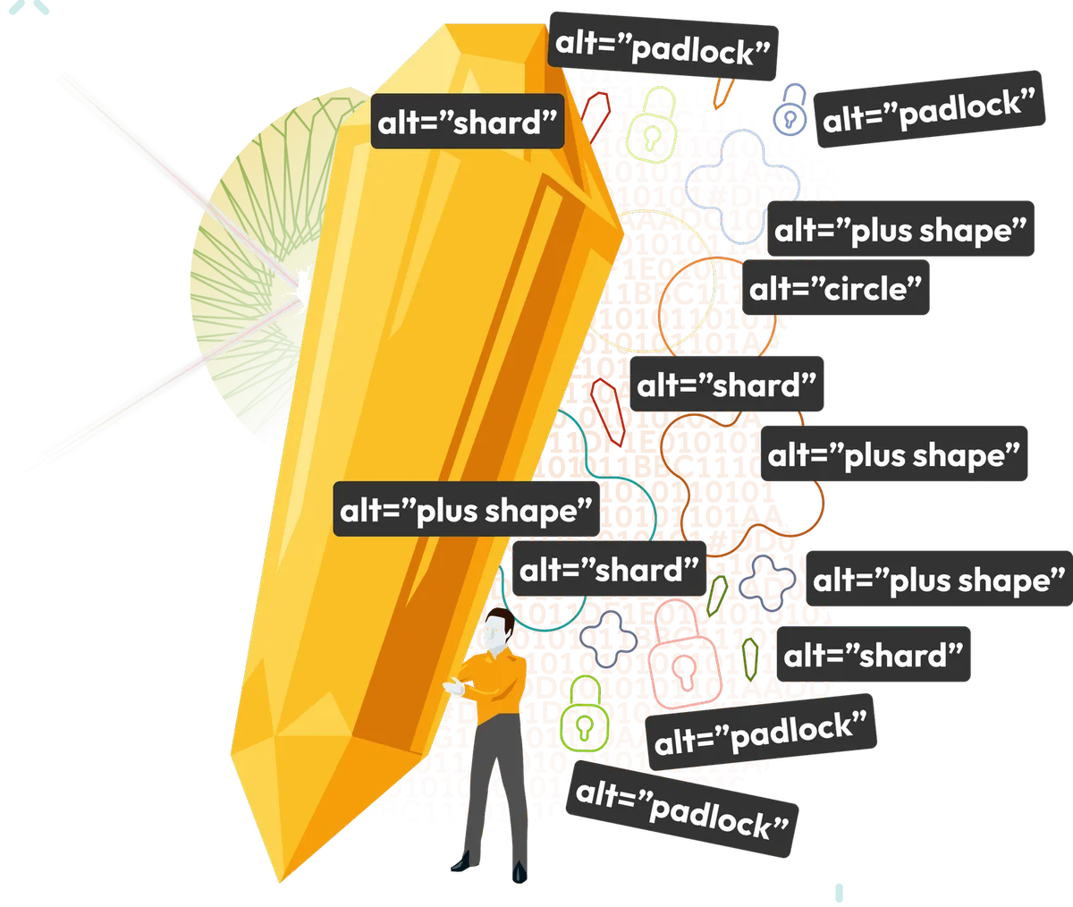 The same illustration with an alt label on every small shape (padlock, shard, plus shape, circle): far too many alt tags.