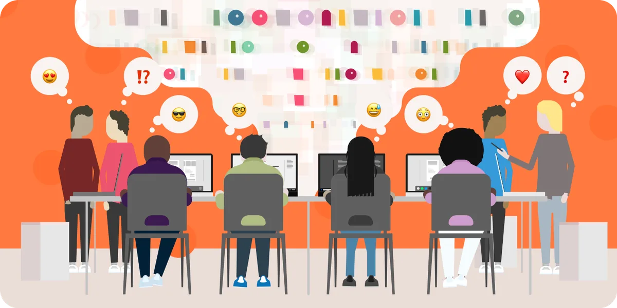 Illustration of a mixed group at a hackathon, working at computers with ideas and emoji above them.