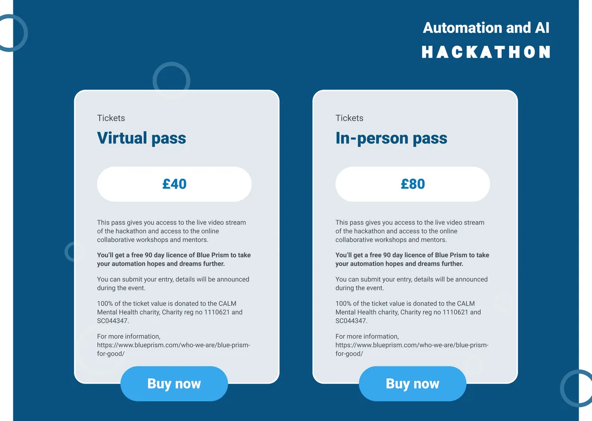 Hackathon ticket options: a virtual pass at £40 and an in-person pass at £80.